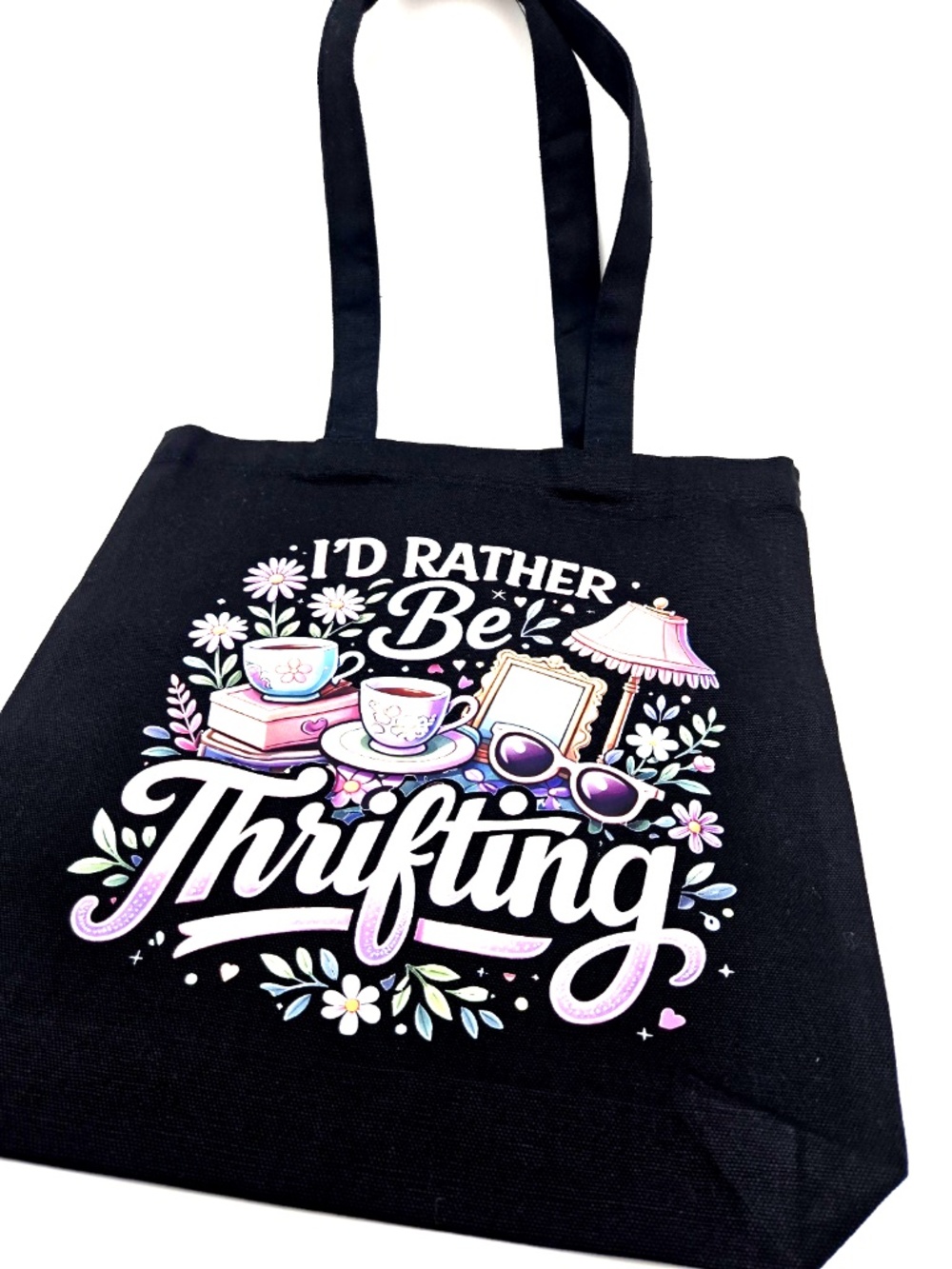 Tote Bag Graphic Canvas Id Rather Be Thrifting Black Carry Handle 13.5x13.5in - Picture 3 of 6